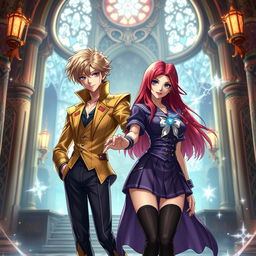 Giorno Giovanna, a stylish young man with stunning blonde hair and a confident demeanor, is assisting Rias Gremory, a beautiful woman with long crimson hair and striking blue eyes, in a dramatic yet captivating scene