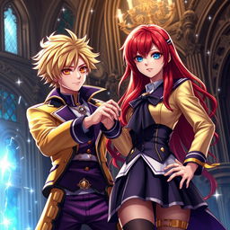 Giorno Giovanna, a stylish young man with stunning blonde hair and a confident demeanor, is assisting Rias Gremory, a beautiful woman with long crimson hair and striking blue eyes, in a dramatic yet captivating scene