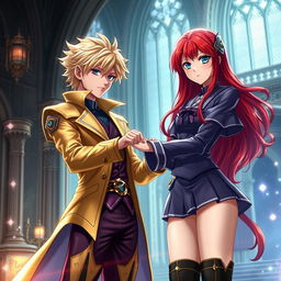 Giorno Giovanna, a stylish young man with stunning blonde hair and a confident demeanor, is assisting Rias Gremory, a beautiful woman with long crimson hair and striking blue eyes, in a dramatic yet captivating scene