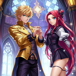 Giorno Giovanna, a stylish young man with stunning blonde hair and a confident demeanor, is assisting Rias Gremory, a beautiful woman with long crimson hair and striking blue eyes, in a dramatic yet captivating scene
