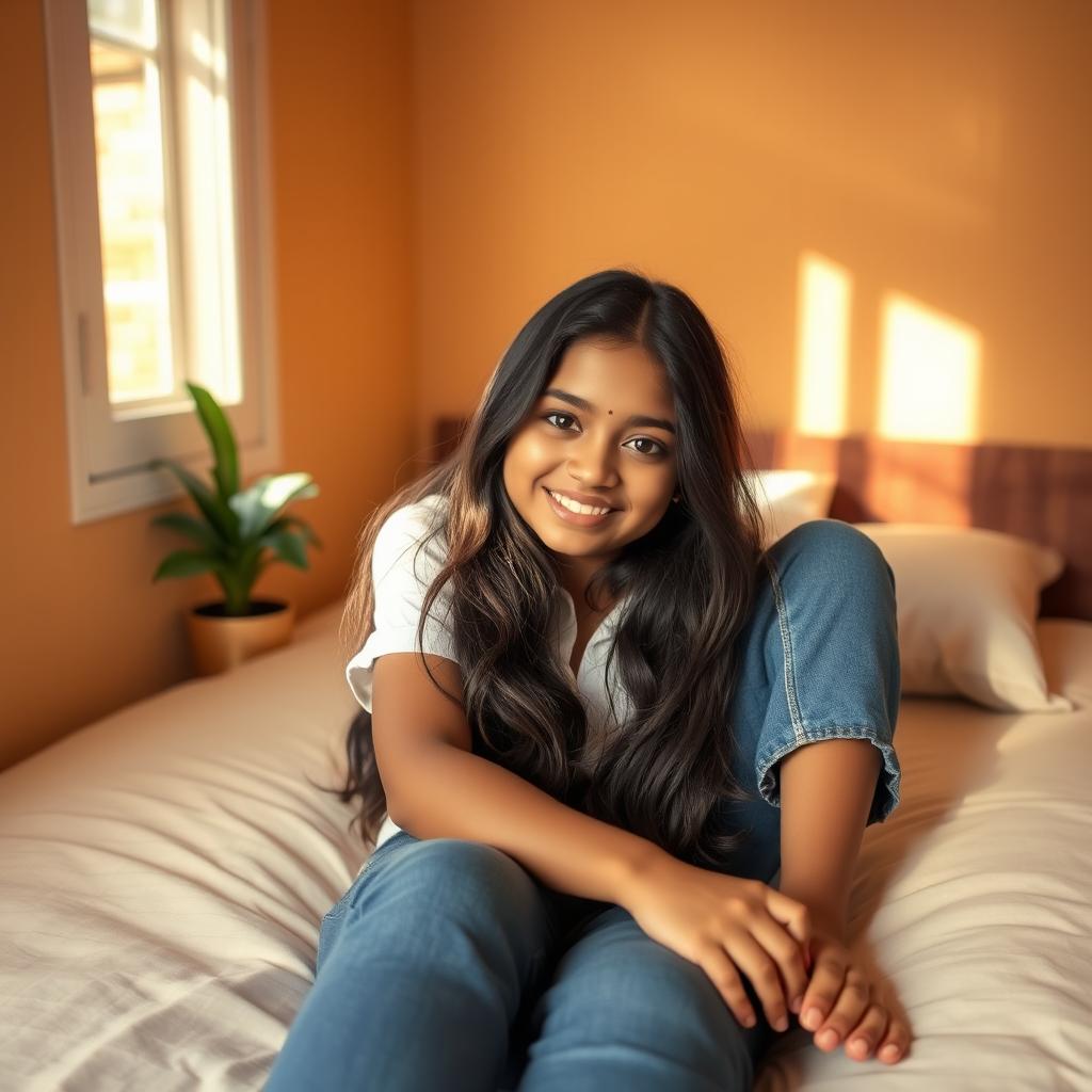 A cute Indian girl with long, flowing hair and charming features, relaxed and comfortably reclining on a simple bed in a cozy, budget lodge