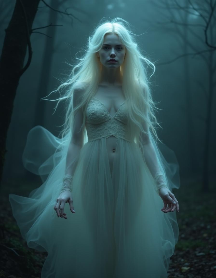 A ghostly woman figure, ethereal and hauntingly beautiful, floating in an eerie, dimly lit environment