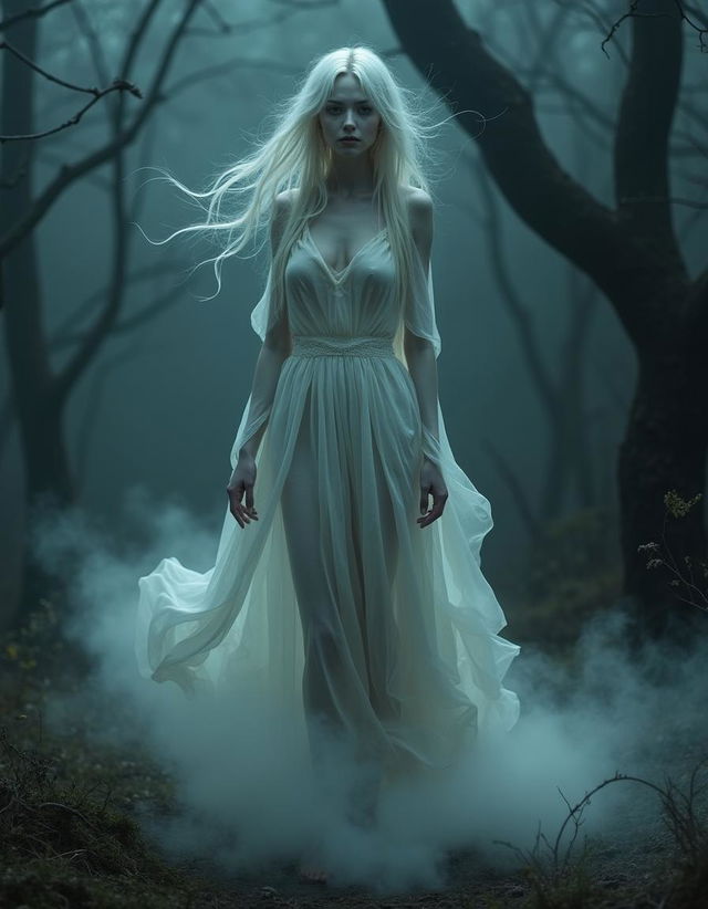 A ghostly woman, depicted with an ethereal and haunting presence