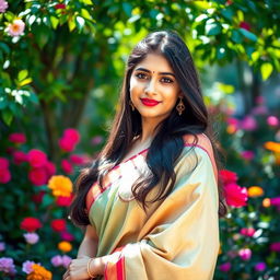 A captivating portrait of a beautiful Indian woman with long dark hair, wearing a traditional sari that gracefully wraps around her form
