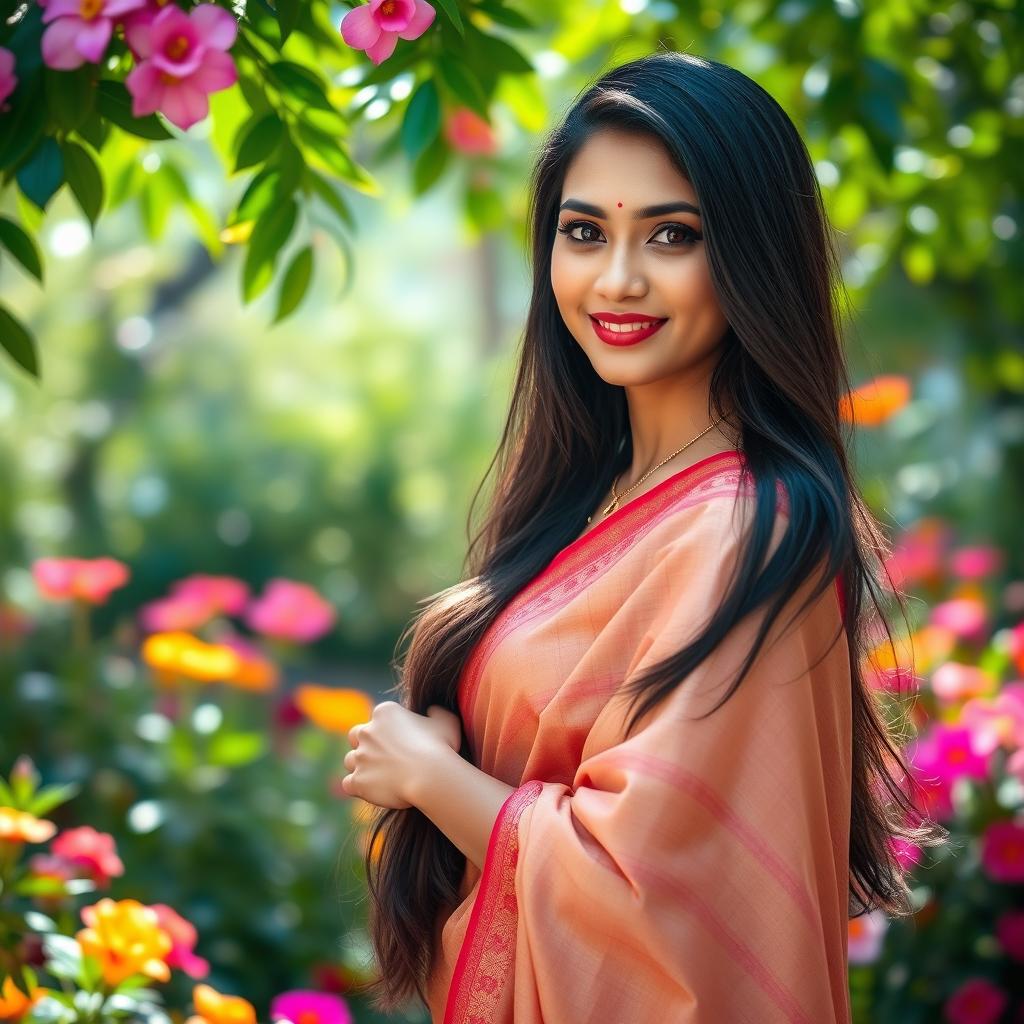 A captivating portrait of a beautiful Indian woman with long dark hair, wearing a traditional sari that gracefully wraps around her form