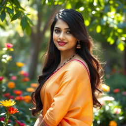 A captivating portrait of a beautiful Indian woman with long dark hair, wearing a traditional sari that gracefully wraps around her form