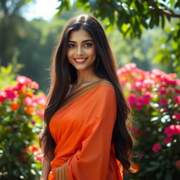 A captivating portrait of a beautiful Indian woman with long dark hair, wearing a traditional sari that gracefully wraps around her form
