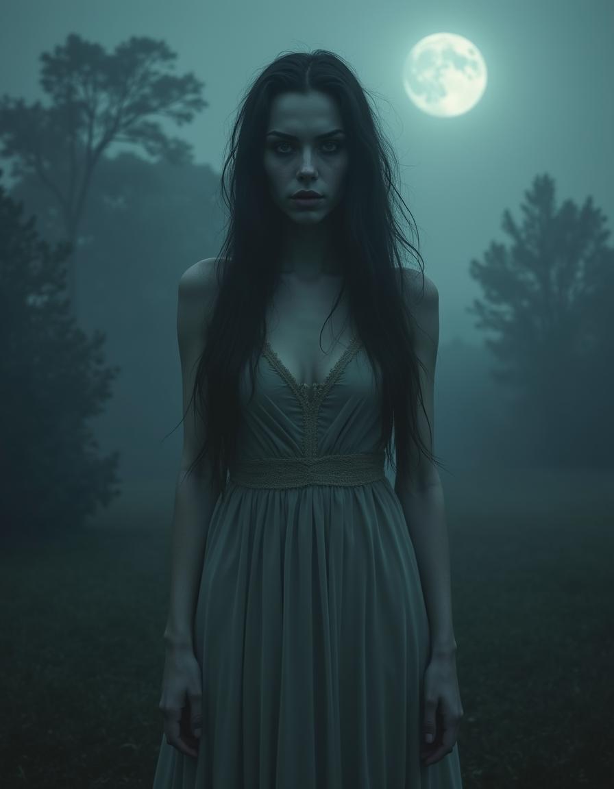 A hauntingly beautiful female ghost with an eerie yet captivating visage