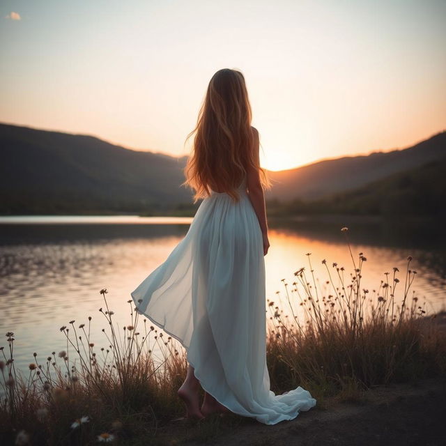 A calm and serene scene featuring a beautiful landscape with rolling hills, a tranquil lake reflecting the sky, and a sunset casting warm golden hues