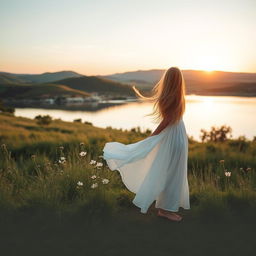 A calm and serene scene featuring a beautiful landscape with rolling hills, a tranquil lake reflecting the sky, and a sunset casting warm golden hues