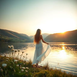 A calm and serene scene featuring a beautiful landscape with rolling hills, a tranquil lake reflecting the sky, and a sunset casting warm golden hues