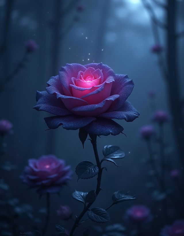 A fantastical scene featuring a striking dusk rose, blooming under a midnight sky