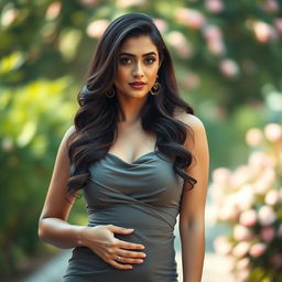 A stunning portrait of a beautiful woman resembling Sayyesha Saigal, elegantly posing outdoors