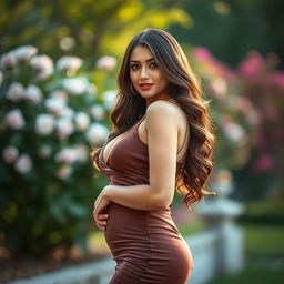 A stunning portrait of a beautiful woman resembling Sayyesha Saigal, elegantly posing outdoors