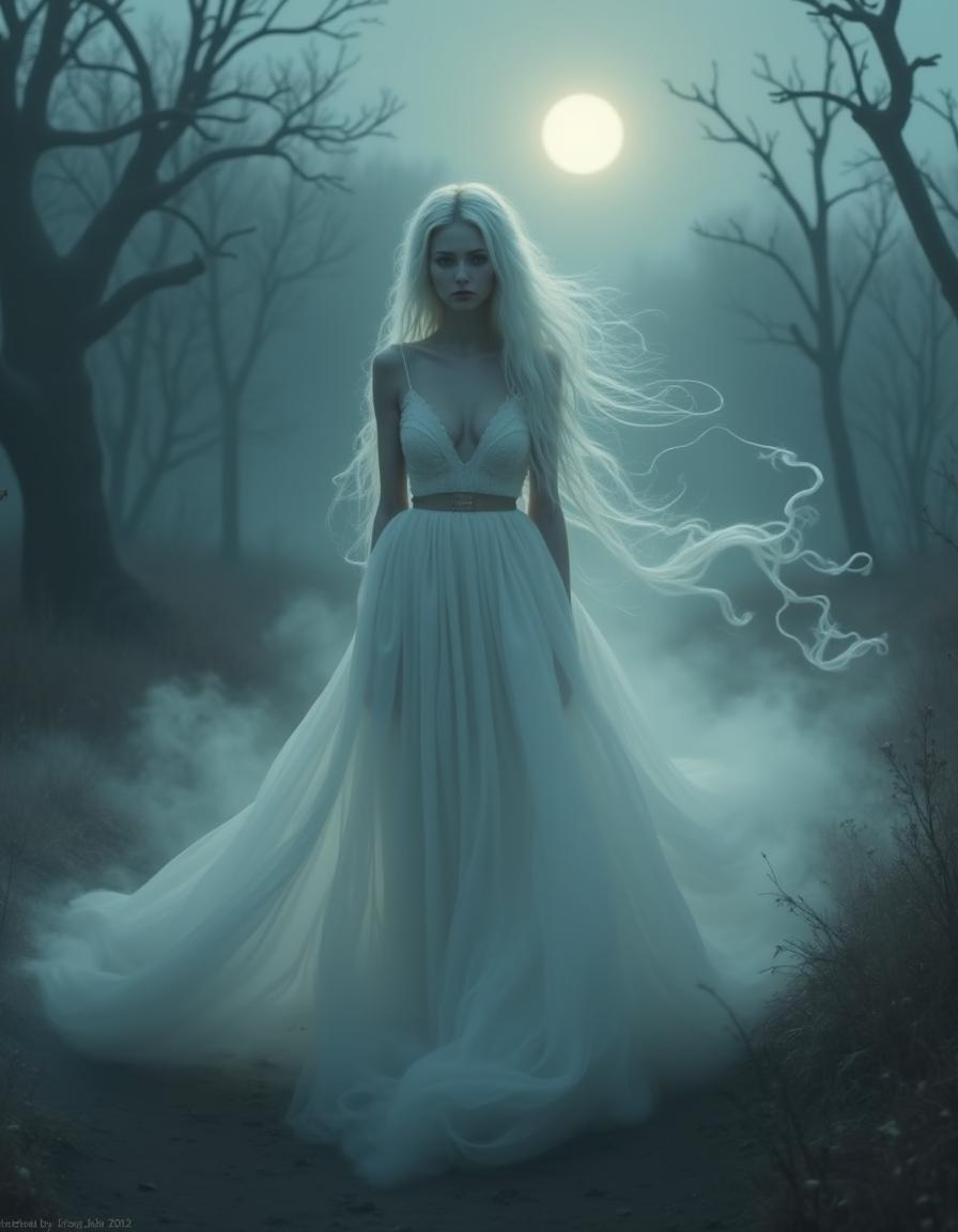 A hauntingly beautiful ghostly woman shrouded in ethereal mist, her flowing white gown gently billowing around her