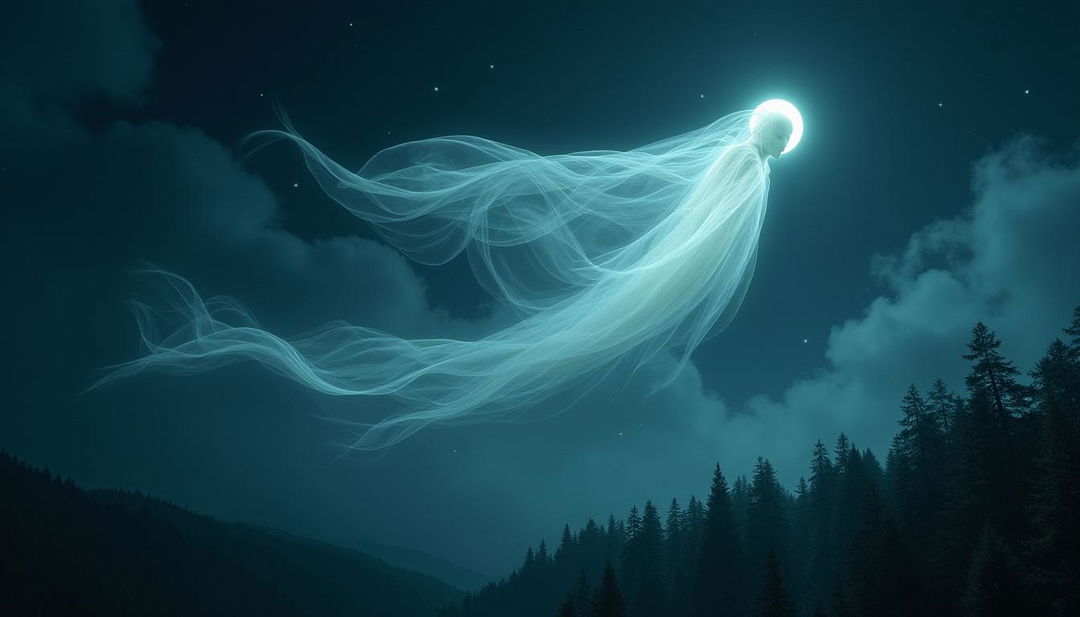 A flying hantu, an ethereal ghost from folklore, gliding gracefully through the night sky
