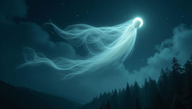 A flying hantu, an ethereal ghost from folklore, gliding gracefully through the night sky