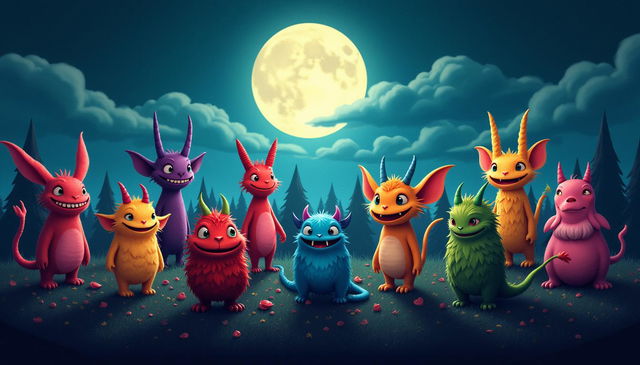 A diverse array of various sets of supernatural beings, each with unique features and characteristics, gathered under a full moon illuminating the night sky