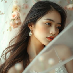 A young woman, elegantly posed in a soft, ethereal setting, with a serene expression on her face, her long flowing hair cascading over her shoulders