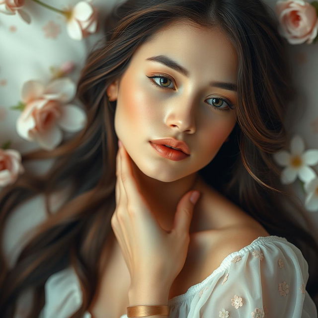 A young woman, elegantly posed in a soft, ethereal setting, with a serene expression on her face, her long flowing hair cascading over her shoulders