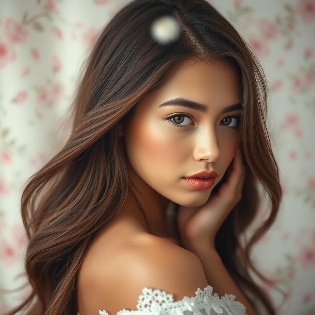 A young woman, elegantly posed in a soft, ethereal setting, with a serene expression on her face, her long flowing hair cascading over her shoulders