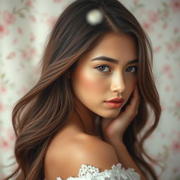 A young woman, elegantly posed in a soft, ethereal setting, with a serene expression on her face, her long flowing hair cascading over her shoulders