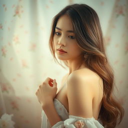 A young woman, elegantly posed in a soft, ethereal setting, with a serene expression on her face, her long flowing hair cascading over her shoulders