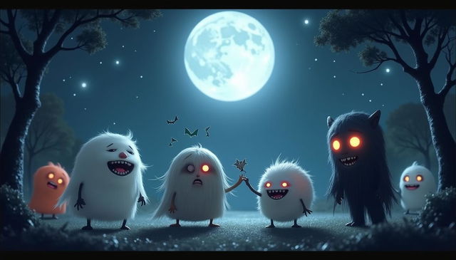 A whimsical scene featuring various types of hantu, or ghosts, gathered under a full moon