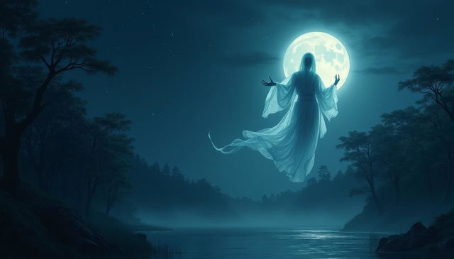 A hantu, an ethereal ghost from folklore, appearing under the luminous full moon on a dark, tranquil night