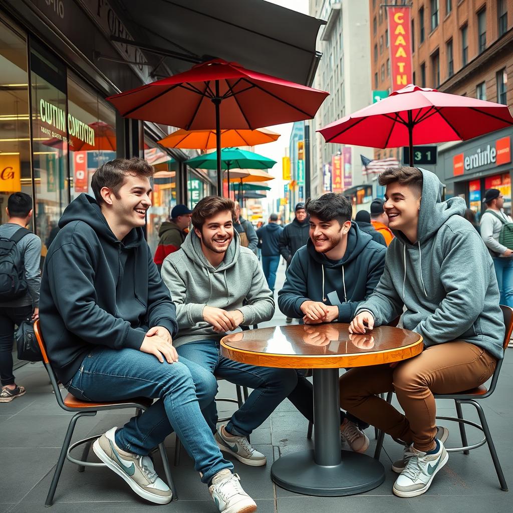 An engaging image featuring a group of young men, aged around 20-25, enjoying a vibrant day out in the city