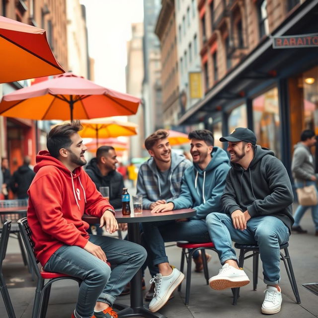 An engaging image featuring a group of young men, aged around 20-25, enjoying a vibrant day out in the city