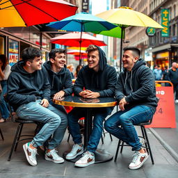 An engaging image featuring a group of young men, aged around 20-25, enjoying a vibrant day out in the city