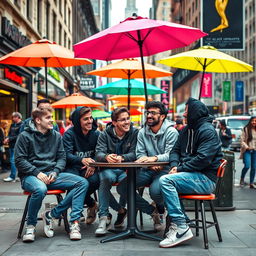 An engaging image featuring a group of young men, aged around 20-25, enjoying a vibrant day out in the city