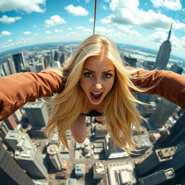 A beautiful blonde woman with long, flowing hair, wearing a stylish outfit, is captured mid-fall from a towering skyscraper