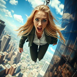 A beautiful blonde woman with long, flowing hair, wearing a stylish outfit, is captured mid-fall from a towering skyscraper