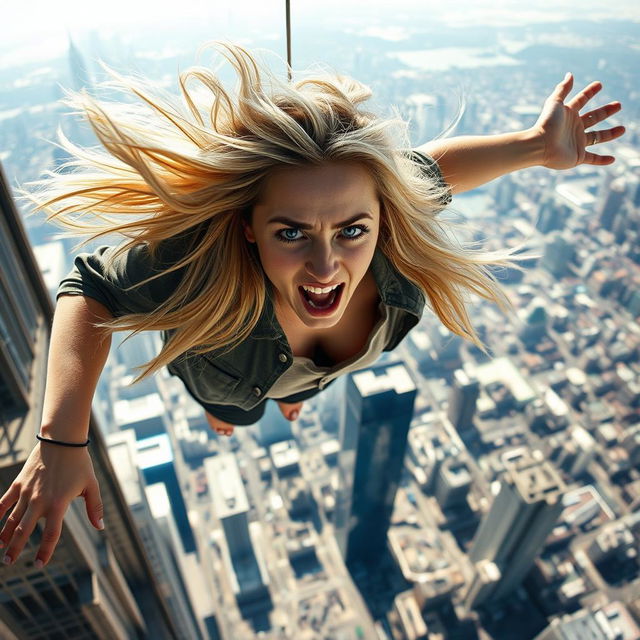 A beautiful blonde woman in mid-fall off a skyscraper, with a terrified expression on her face