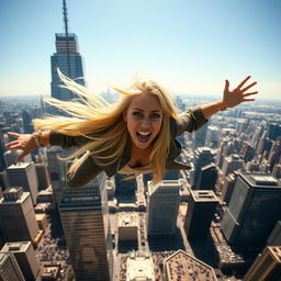 A beautiful blonde woman in mid-fall off a skyscraper, with a terrified expression on her face