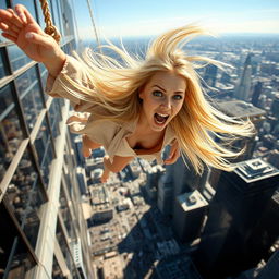 A beautiful blonde woman in mid-fall off a skyscraper, with a terrified expression on her face