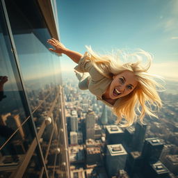 A beautiful blonde woman in mid-fall off a skyscraper, with a terrified expression on her face