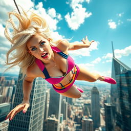 A beautiful blonde woman with stunning blue eyes and striking red lips, wearing a skimpy superhero outfit, is dramatically falling off a skyscraper