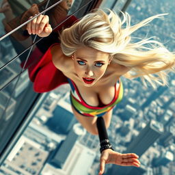 A beautiful blonde woman wearing a skimpy superhero outfit, showcasing her fit physique, with striking blue eyes and vibrant red lips