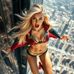 A beautiful blonde woman wearing a skimpy superhero outfit, showcasing her fit physique, with striking blue eyes and vibrant red lips