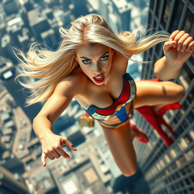 A beautiful blonde woman wearing a skimpy superhero outfit, showcasing her fit physique, with striking blue eyes and vibrant red lips