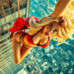 A beautiful blonde woman wearing a skimpy superhero outfit, showcasing her fit physique, with striking blue eyes and vibrant red lips