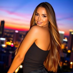A stunningly beautiful young woman with long flowing hair, wearing a form-fitting, stylish dress that accentuates her curves