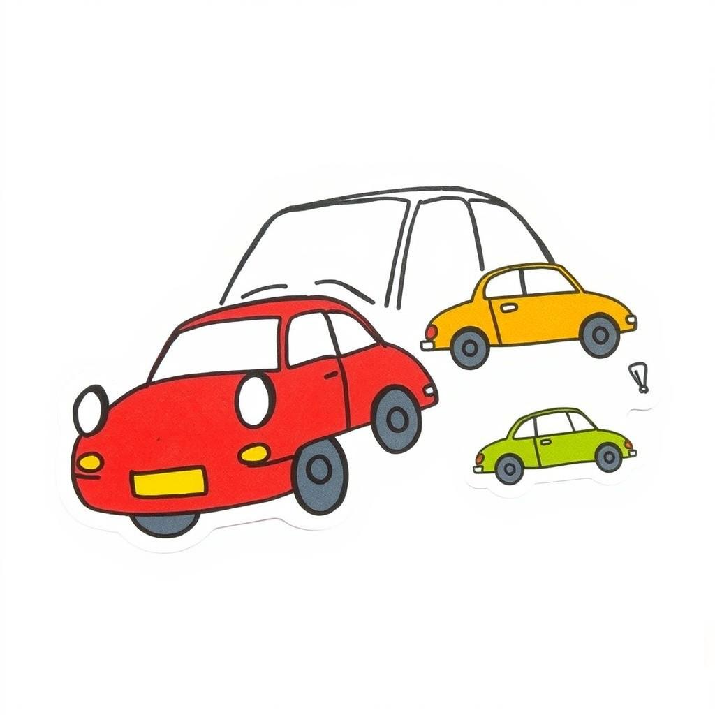 Hand-drawn colorful cartoon-style car stickers with a minimalist design, featuring very basic and simple illustrations