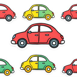 Hand-drawn colorful cartoon-style car stickers with a minimalist design, featuring very basic and simple illustrations