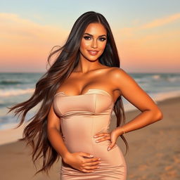 A stunningly attractive woman with long flowing hair, wearing a form-fitting, elegant dress that accentuates her curves
