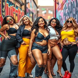 A collection of attractive, confident women showcasing their curves in stylish clothing, each with an emphasis on their alluring figure
