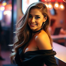 A beautiful, confident young woman posing alluringly in a stylish outfit, showcasing her curves and an engaging smile